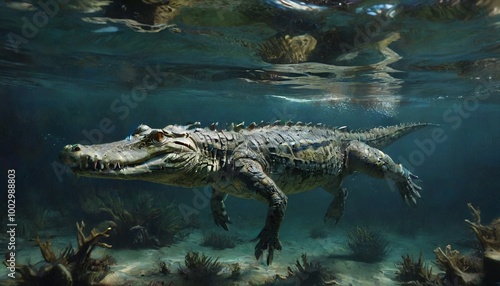 Wallpaper Mural A fascinating underwater shot of a crocodile swimming gracefully through the depths, illustrating its adaptability and elegance in the aquatic realm, Generative AI Torontodigital.ca
