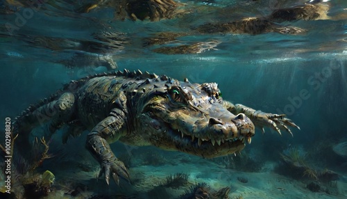 Wallpaper Mural A fascinating underwater shot of a crocodile swimming gracefully through the depths, illustrating its adaptability and elegance in the aquatic realm, Generative AI Torontodigital.ca