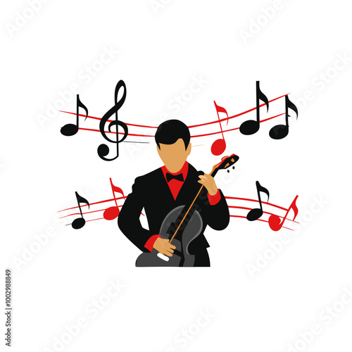 Musician playing cello with floating music notes background