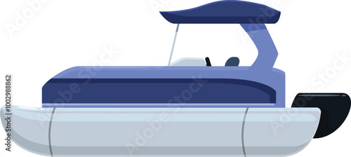 Modern blue pontoon boat with canopy floating on water, side view, isolated on white background