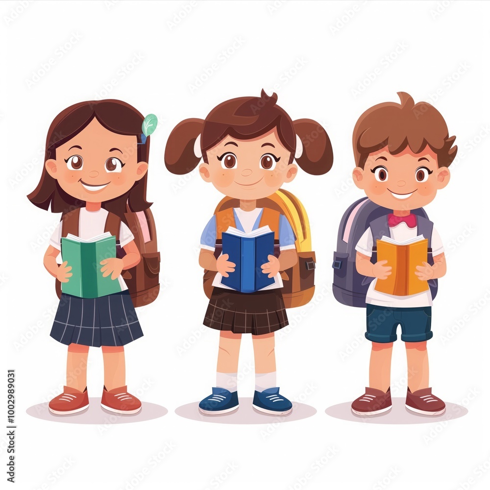 Three children are holding books and backpacks Three children are holding books and backpacks