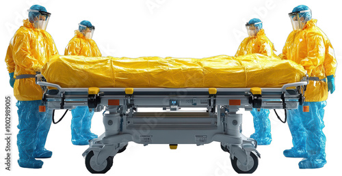 Four medical workers in protective suits prepare a stretcher