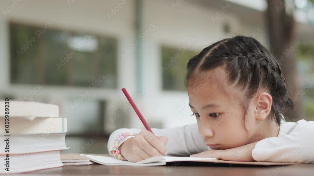 Adorable Asian girl intently writes outdoors, focused on her homework. Surrounded by books, the scene captures childhood learning, concentration, and the joy of studying in outdoor nature. Adorable Asian girl intently writes outdoors, focused on her homework. Surrounded by books, the scene captures childhood learning, concentration, and the joy of studying in outdoor nature.