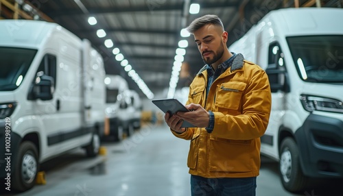 Fleet Management: Manager Using A Digital Tablet Surrounded By Vans In The Background. A Scene Of Managing A Fleet Operation. photo