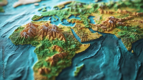 A close-up of a textured world map showing continents and oceans
