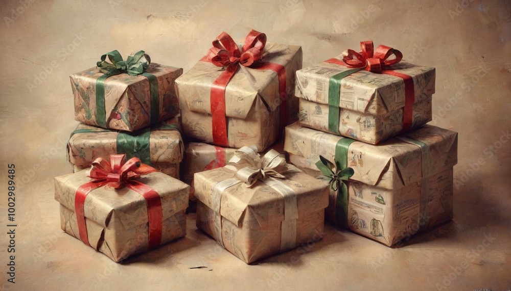 Obraz premium A nostalgic image of vintage Christmas gifts wrapped in classic paper, evoking memories of simpler times and cherished traditions, Generative AI