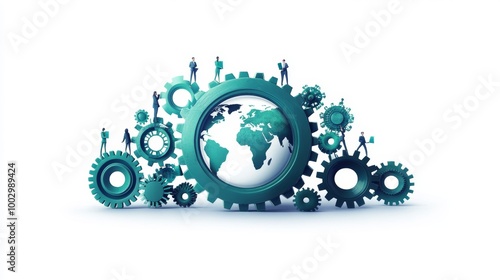 Global business teamwork, miniature people on gears around the world, business collaboration concept photo