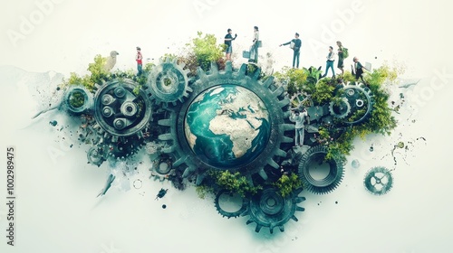 Global interconnected society represented by people, gears, world, nature, showcasing balance of technology and natural elements concept photo