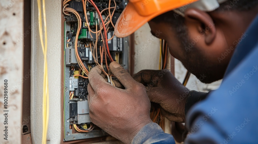 Obraz premium Close-up of an electrician's hands, fixing wiring inside a circuit breaker box with precision tools, focusing on safety and functionality.