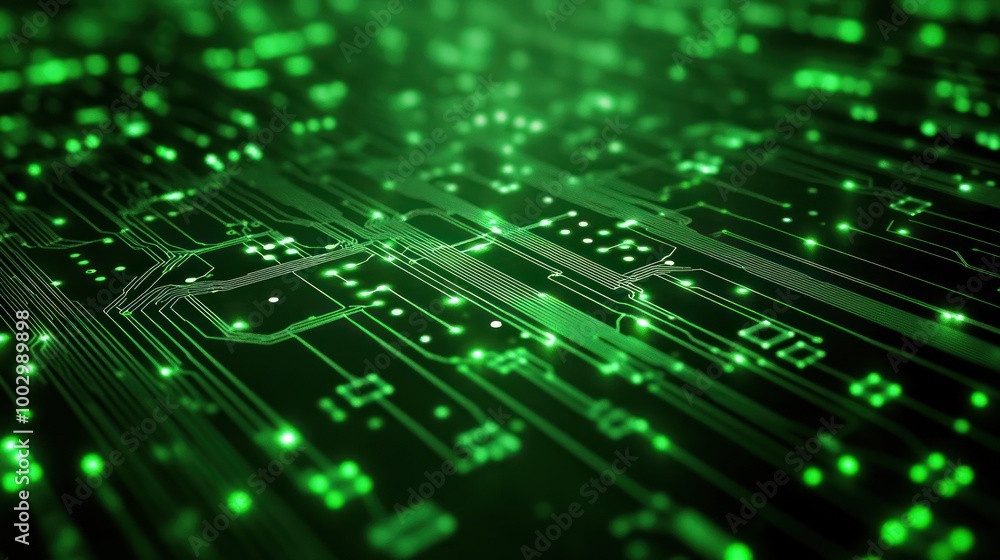 A close-up view of a green circuit board with glowing elements, representing technology. A close-up view of a green circuit board with glowing elements, representing technology.