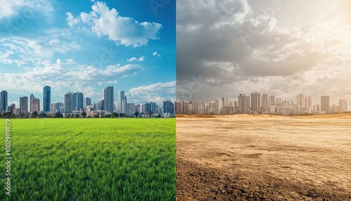 City Collage: Green Field And Blue Sky Contrasted With Desert And Grey Sky, Embodying Decarbonization And Carbon Neutrality Concept. photo