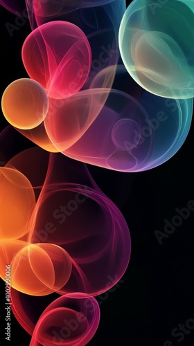 Colorful glowing abstract bubbles, floating in dark background, surreal digital art, vibrant spheres, illuminating light concept