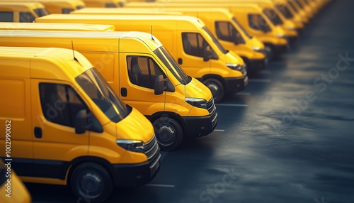 Rows Of Delivery Vans Are Parked, Forming A Commercial Fleet. The Fleet Of Delivery Vans Is Neatly Arranged In Rows. photo