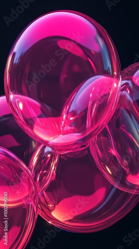 Abstract bright pink bubbles on black background, close-up colorful orbs, glowing light reflections, vibrant design concept