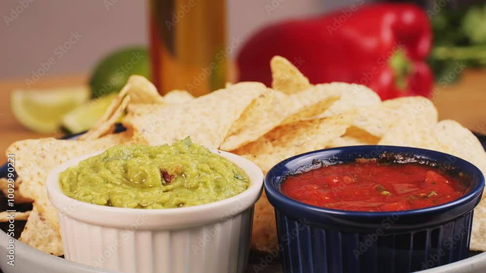 Nachos with Guacamole dip, traditional mexican food in restaurant for nachos, close up of avocado plate for vegetarians. Nachos with Guacamole dip, traditional mexican food in restaurant for nachos, close up of avocado plate for vegetarians.