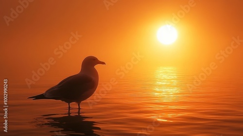 A solitary seabird stands in the shallows as the sun sets over the water photo