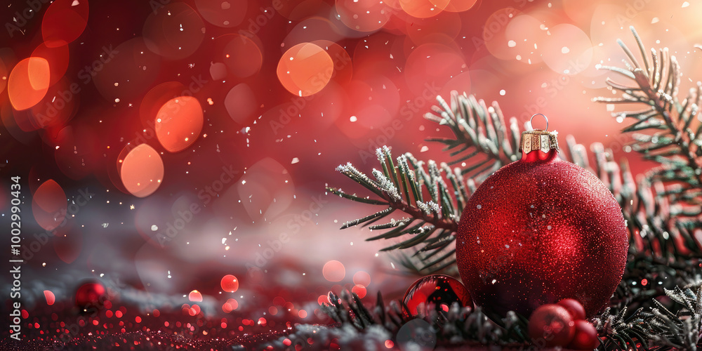 Christmas balls on the branches of a fir tree on a background of golden bokeh. Christmas banner. Banner. Copy space Christmas balls on the branches of a fir tree on a background of golden bokeh. Christmas banner. Banner. Copy space