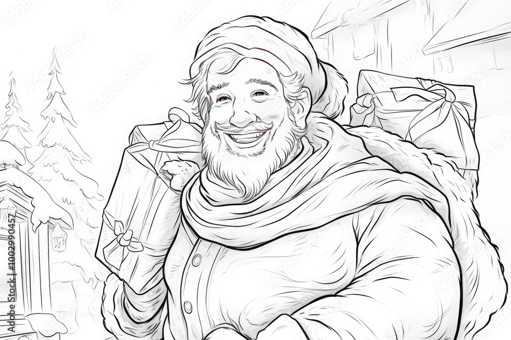 Coloring page of santa claus with gifts in snowy forest, perfect for holiday coloring fun