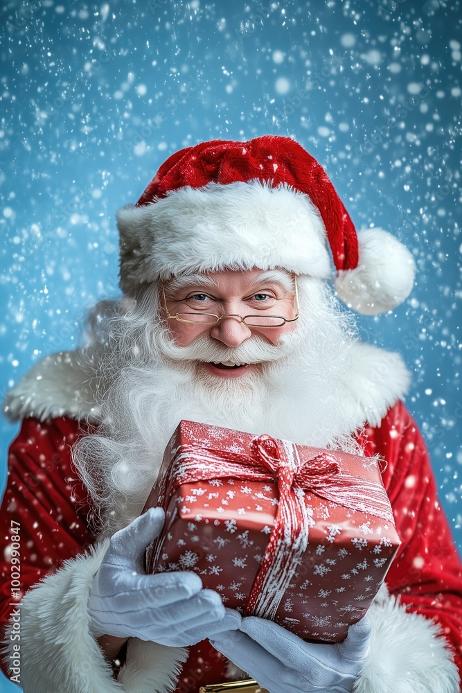 Santa claus with christmas presents in his hands before a frozen blue colored background with snow fall, big editable space over his head Santa claus with christmas presents in his hands before a frozen blue colored background with snow fall, big editable space over his head