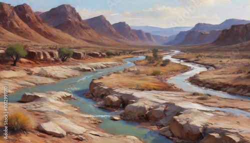 A captivating painting of a river flowing through a barren landscape, bringing life and resurrection to the parched earth, Generative AI