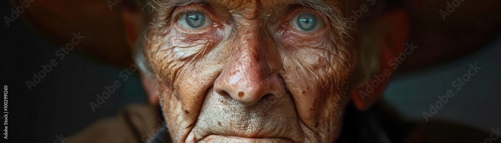 Fototapeta premium Elderly man with deep wrinkles and striking blue eyes.