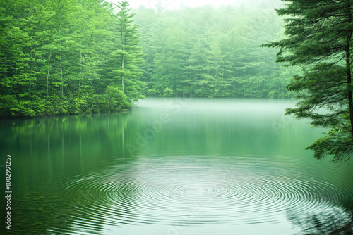 Serene scene of rain falling over a tranquil lake, with ripples spreading across the water's surface and mist rising from the surface