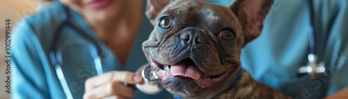 Happy dog at the veterinarian, white isolate background