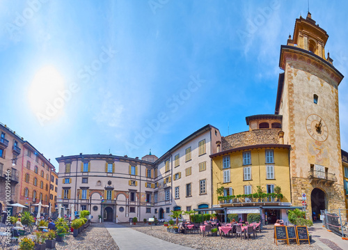 Piazza Mascheroni with Campanella Tower of Visconti Citadel, Bergamo, Italy photo