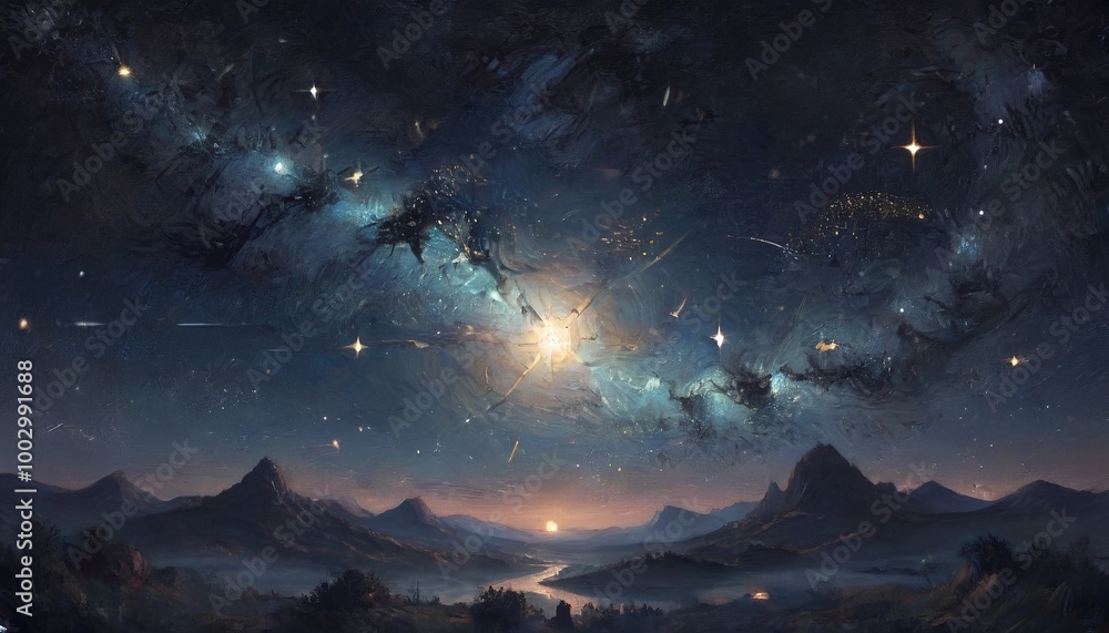 Fototapeta premium A mystical illustration of stars aligning in the night sky, symbolizing the resurrection of dreams and the promise of new beginnings, Generative AI