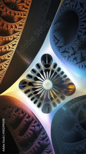 Abstract fractal pattern with glowing center, colorful geometric design, intricate shapes, futuristic digital artwork, symmetry concept