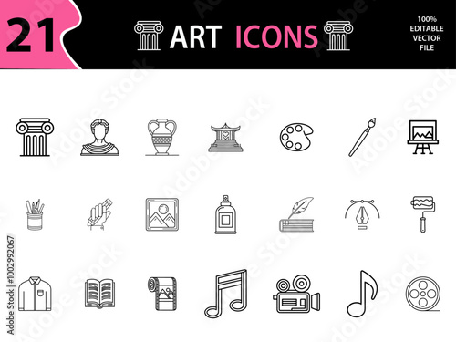 Art icons sheet in outline style with black & white color. painting, sculpture, architecture, literature, music, theater, cinema