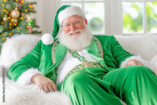 A man in a green Santa suit is sitting on a couch