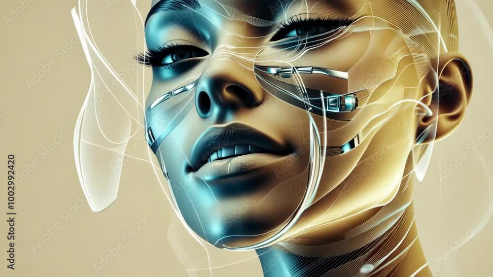 Futuristic female face with radiant digital light patterns on the skin ...