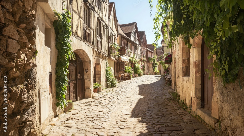 Obraz premium Bustling Market Day on a Quaint Cobblestone Street with Charming Shops and Cafes
