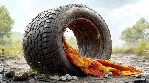 A discarded tire with a colorful cloth draped through the hole photo