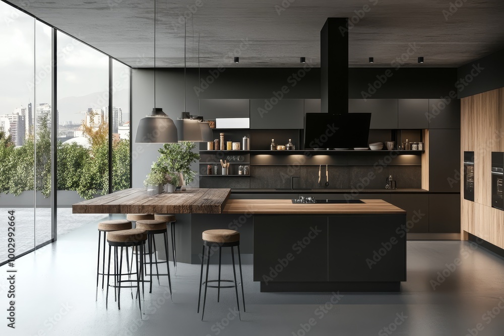 Modern, sleek, minimalist kitchen interior with large windows, wooden accents, contemporary design concept Modern, sleek, minimalist kitchen interior with large windows, wooden accents, contemporary design concept