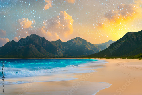 Surreal beachscape with bioluminescent plankton lighting up the shoreline like a starry sky photo