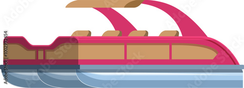 Modern red pontoon boat floating on water surface, side view, leisure activity and water tourism concept