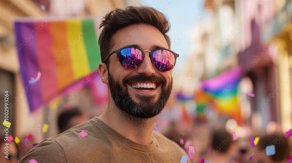 A man with a beard and sunglasses is smiling, surrounded by confetti in the streets of a carnival, wearing a brown shirt, and the background features colorful pride flag A man with a beard and sunglasses is smiling, surrounded by confetti in the streets of a carnival, wearing a brown shirt, and the background features colorful pride flag