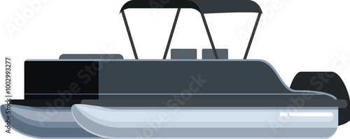 Modern pontoon boat with a canopy is floating on the water