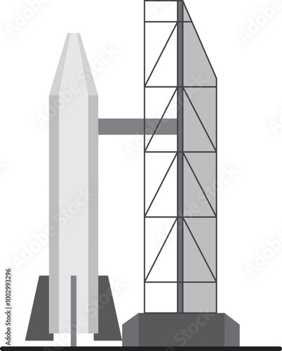 space shuttle with spacecraft soaring into the sky and a launch site.