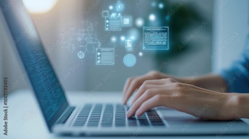 A person typing on laptop, with digital documents and icons floating around them in the background A person typing on laptop, with digital documents and icons floating around them in the background