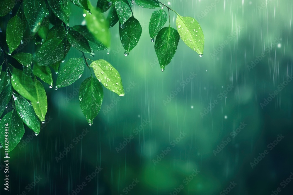 A poster of green leaves and raindrops falling, with a dark forest background. A poster of green leaves and raindrops falling, with a dark forest background.