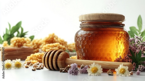 A jar of honey with a wooden dipper honeycomb and flowers