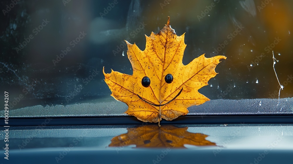 A vibrant yellow leaf with an expressive face rests on a car's windshield under a brush. This image evokes the warmth of autumn or the spirit of Halloween. The background is subtly tinted A vibrant yellow leaf with an expressive face rests on a car's windshield under a brush. This image evokes the warmth of autumn or the spirit of Halloween. The background is subtly tinted