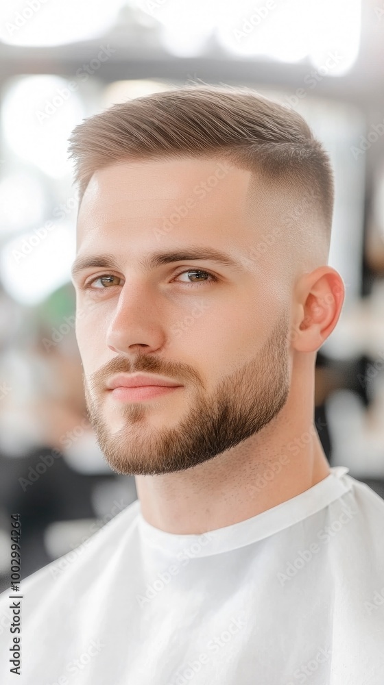 Photo of an attractive man with beard, and a side-part fade haircut in a barbershop Photo of an attractive man with beard, and a side-part fade haircut in a barbershop