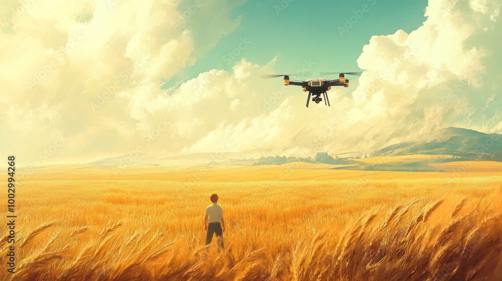 Boy standing in golden wheat field observing drone flying in sky, agriculture technology, rural landscape, futuristic farming, wheat field, boy, drone, technology concept Boy standing in golden wheat field observing drone flying in sky, agriculture technology, rural landscape, futuristic farming, wheat field, boy, drone, technology concept
