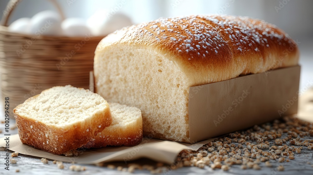 Freshly baked loaf of bread with two slices and wheat kernels Freshly baked loaf of bread with two slices and wheat kernels