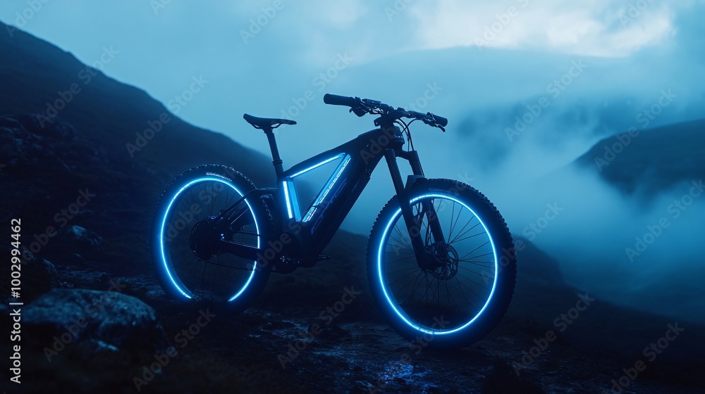 A black electric mountain bike with blue rim lights sits on a mountain path in the evening. A black electric mountain bike with blue rim lights sits on a mountain path in the evening.