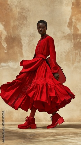 Elegant woman in flowing, vibrant red dress, steps confidently, fashion, style, boldness, fashion industry concept